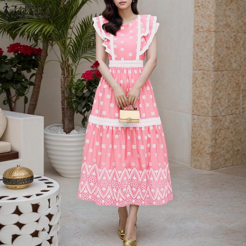 ZANZEA Women Casual Round Neck Loose Ruffles Sleeve Summer Long Dress