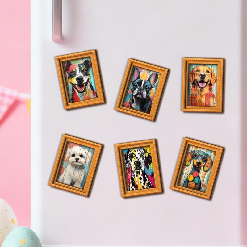 Artistic Dog Themed Refrigerator Magnets Natural Wood Frame Fridge Magnets for Kitchen Decoration