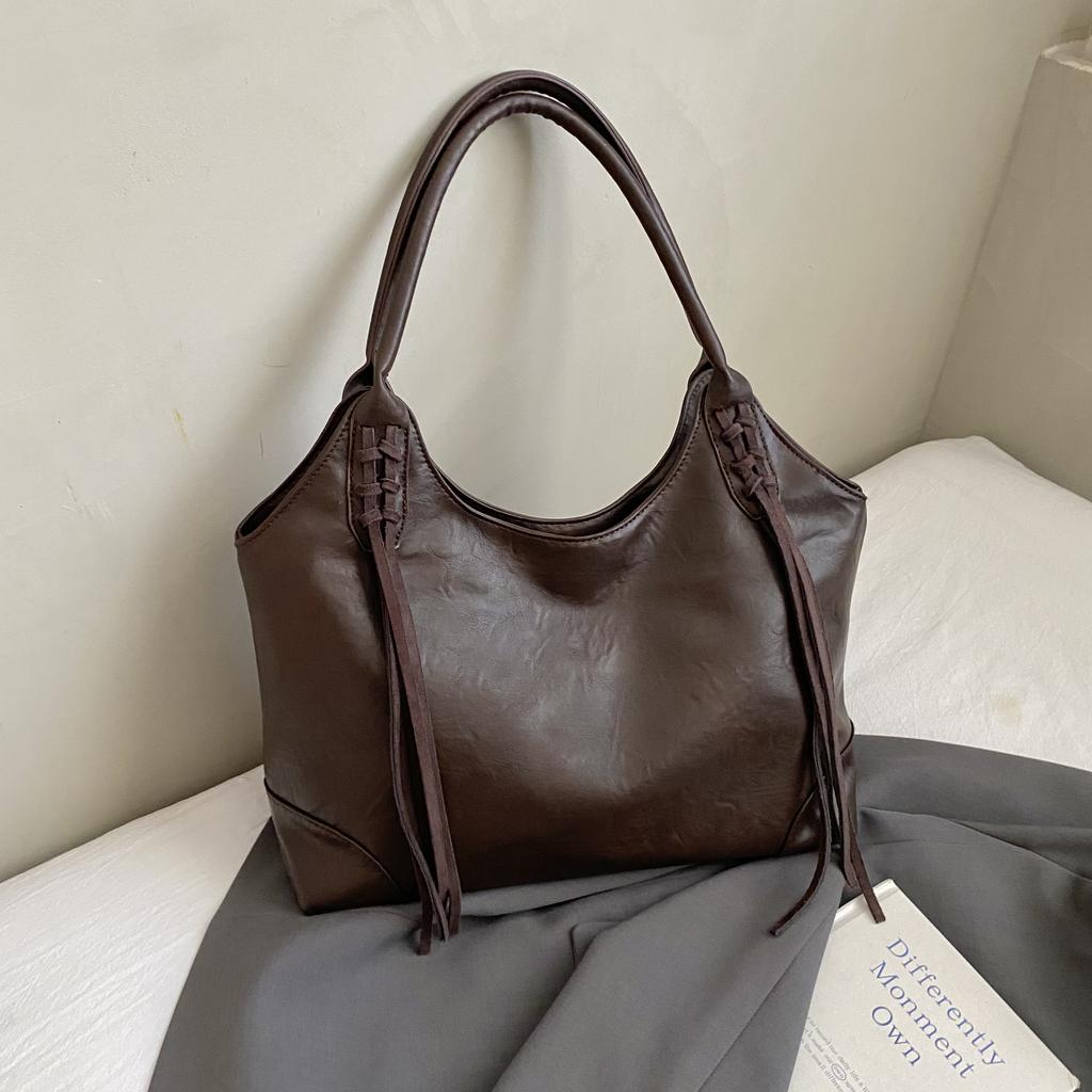 Retro Large Capacity Shoulder Bag for Women Korean Style Traveling Zipper PU Tote Bags Autumn New Solid Color Student Handbags