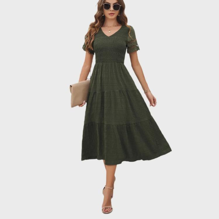 2024 Women Summer V Neck Short Sleeve Solid Color Dress European American Style Diyun Spring Fashion