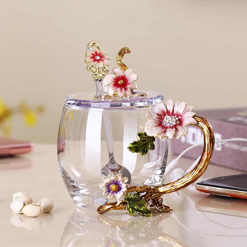 Paris March Enamel Flower Tea Cup - High-Temp Resistant Crystal Glass Gift for Teacher's Day or Girlfriend
