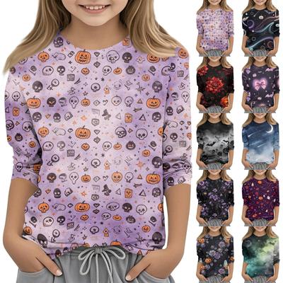 Kids Halloween Printed T-Shirt - Round Neck 3/4 Sleeve Casual Top for Boys and Girls