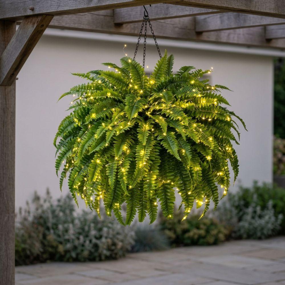 24 Leaves Glowing Boston Ferns with Lights Plastic Warm Light Lighted Boston Fern Plant Long-Lasting Realistic