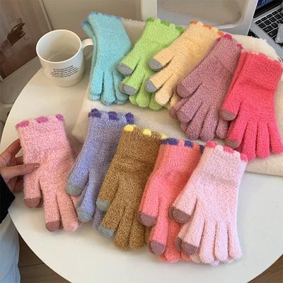 Small Jelly Bean Coral Velvet Knitted Woolen Gloves for Women Cold Proof  Thickened  Warm  Touch Screen Autumn and Winter