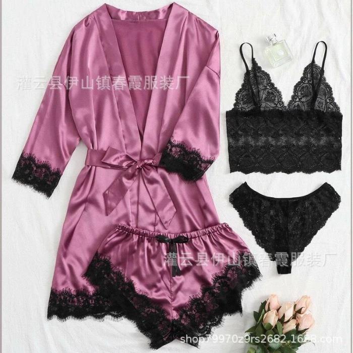 Elastyczny satynowy nowy seksowny komplet bielizny czteroczęściowy, komplet spódniczki z pasem do pończoch, odzież domowa wielokolorowy