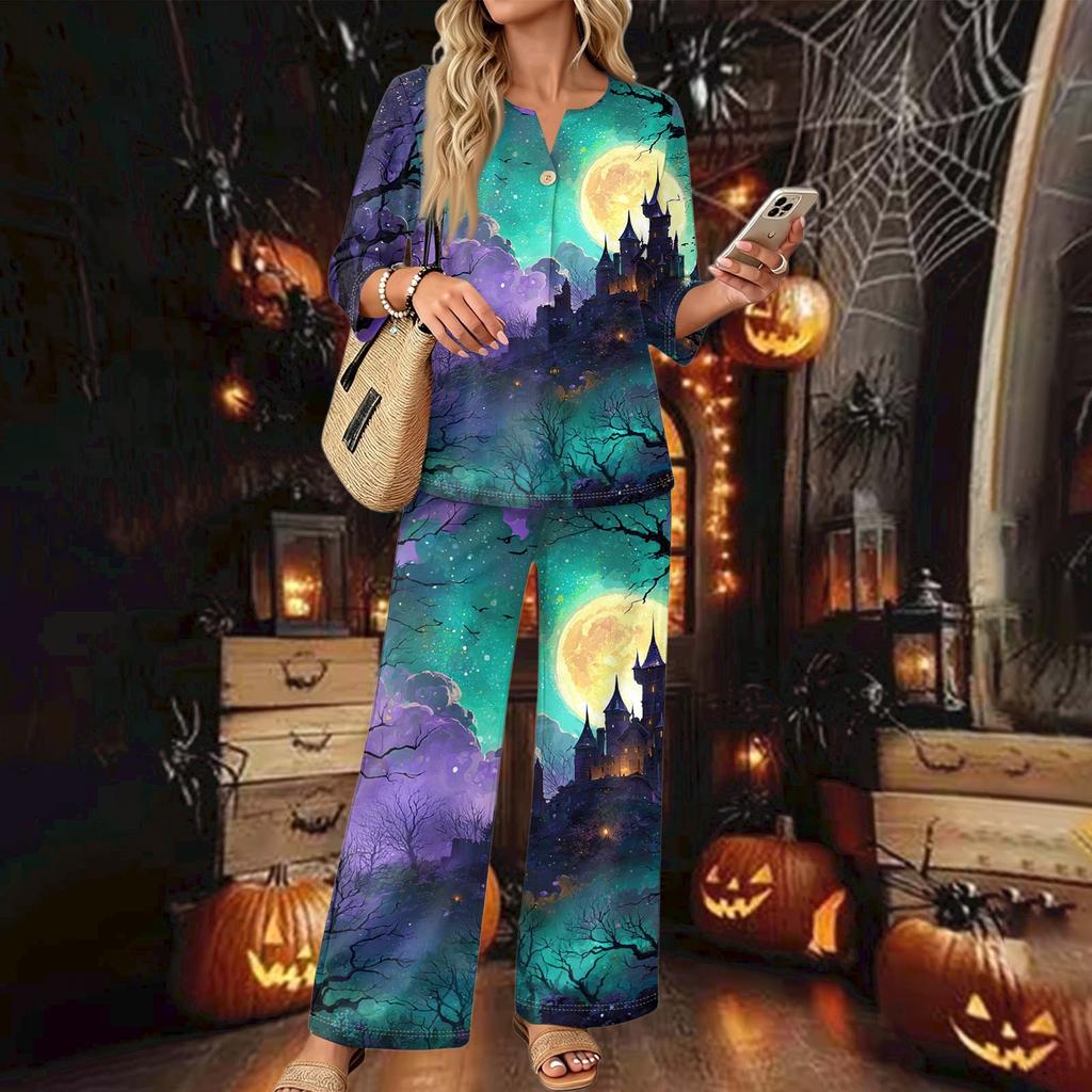 Women's Casual Printed 3/4 Sleeve Button Down Top and Wide Leg Pants 2 Piece Set