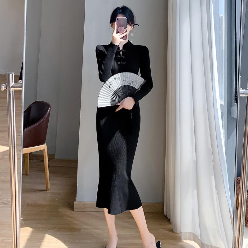 

Осенне-зимнее ретро китайское платье ципао «рыбий хвост» вязаное для женщин Extra Large чёрный