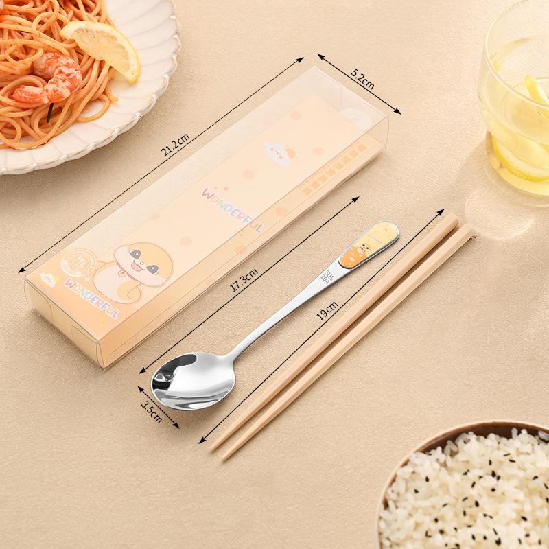 Edelstahl Besteckset Tragbarer Löffel Essstäbchen mit Box Reise Studenten Geschirrset Niedliches Cartoon Tiermuster