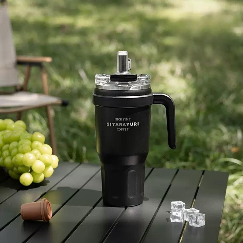 JUSTINLAU 1.1L Thermos Cup Stainless Steel Vacuum Flasks with Dust-proof Straw Cap Double-drink Car Cups Leak-proof Travel Mugs