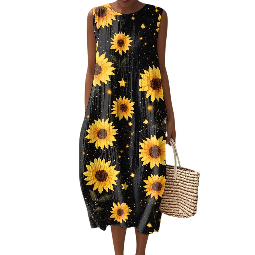 Women's Fashion Casual Sleeveless Round Neck Floral Elegant Temperament Dress