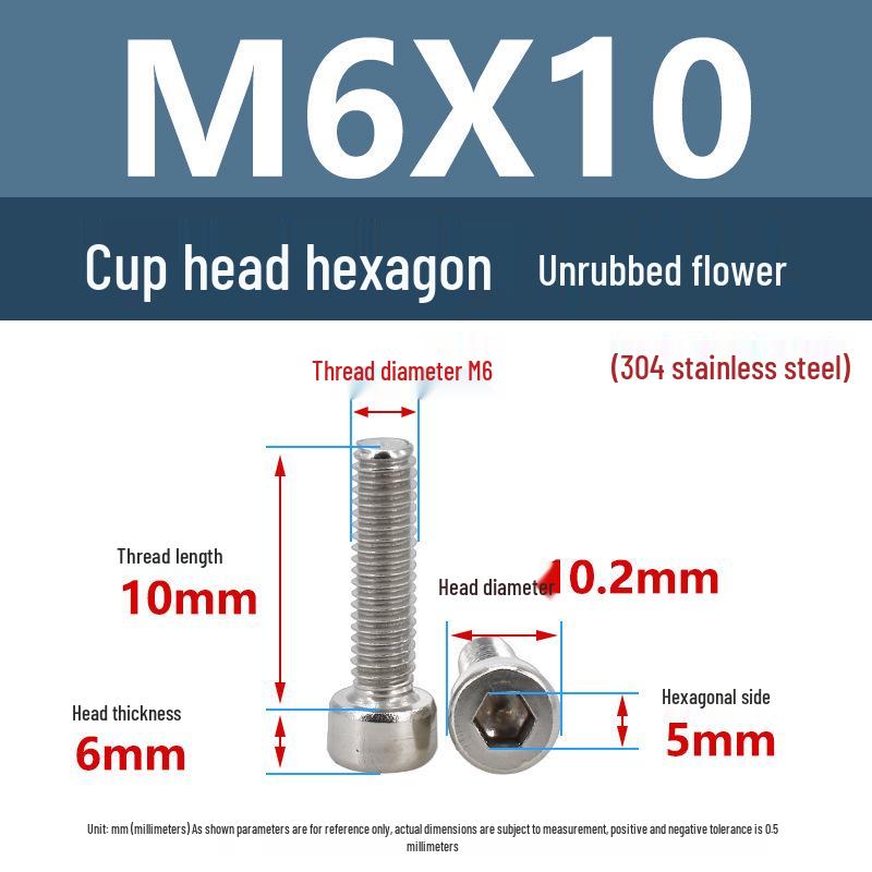 Yigu 304 Stainless Steel Socket Head Cap Screw, M2-M6 Cylindrical Head, Full Thread, Non-Knurled