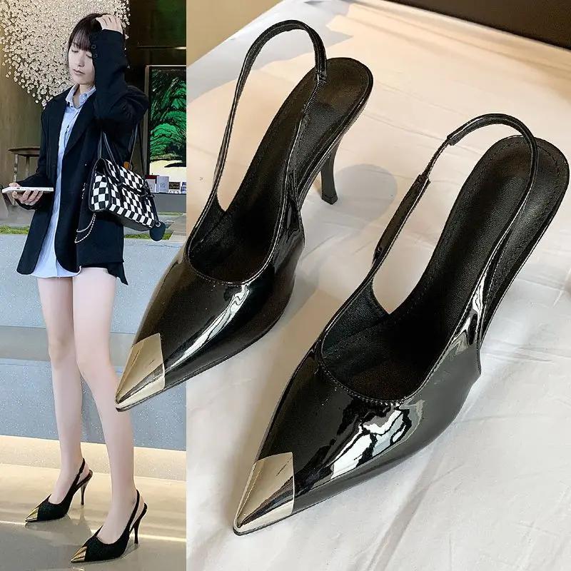 Summer 2025 Gold Leather Footwear High Heels Black Pointed Toe for Office Work Sandals Woman Thin Sexy Women's Shoes F Sandal H