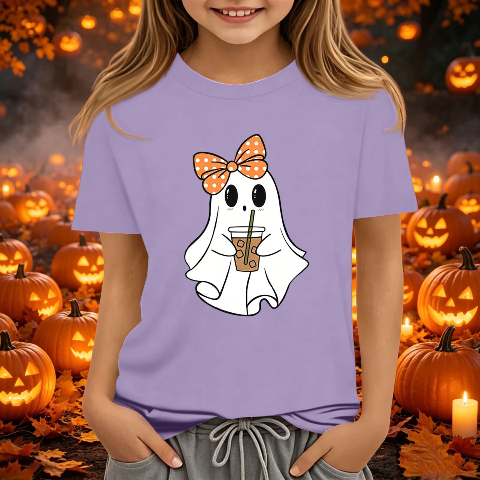 Kids Halloween Printed Short Sleeve T-Shirt Loose Fit Round Neck Casual Tee 160