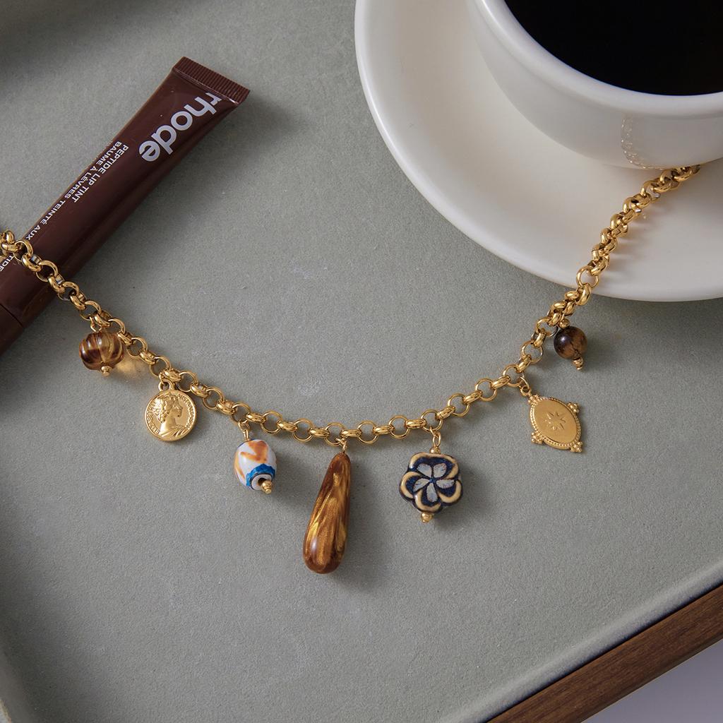 Youthway Resin Tiger Eye Stone Ceramic Flower Portrait Coin Pendant Necklace For Women 18K Gold Plated Stainless Steel Necklace
