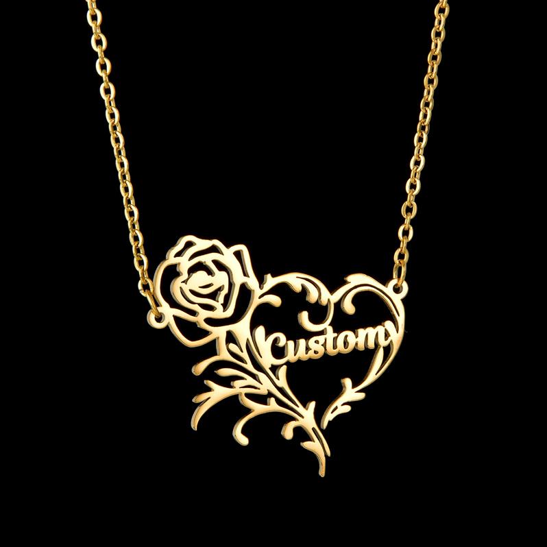 Atoztide Personalized Custom Rose Heart Name Necklaces for Women Stainless Steel Pendant Choker Link Chain Birthday Jewelry Gift