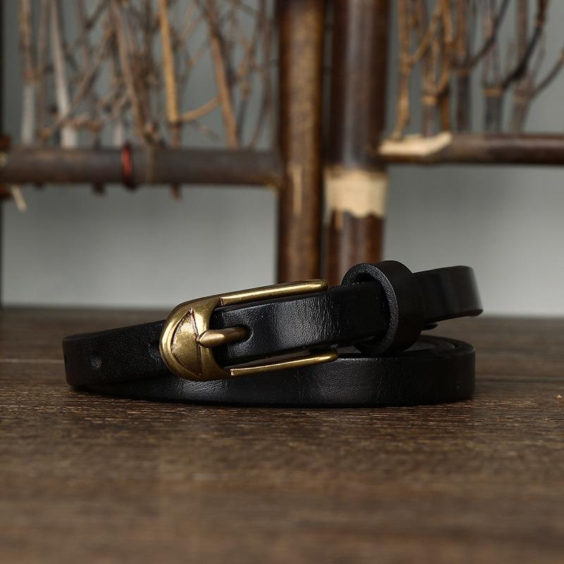 1.5cm Width Women Belts Copper Pin Buckle Rea; Cowskin Genuine Leather Thin Belt Female Waistband for Jeans Dresses Pants
