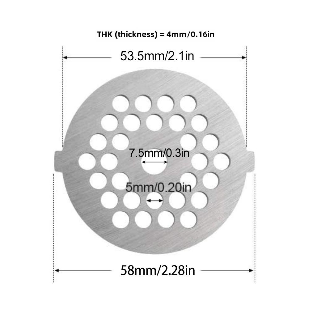 Stainless Steel Meat Grinder Accessories: Knife, Blade, Hole Plate, Sausage Stuffer, and Grinder Rod.