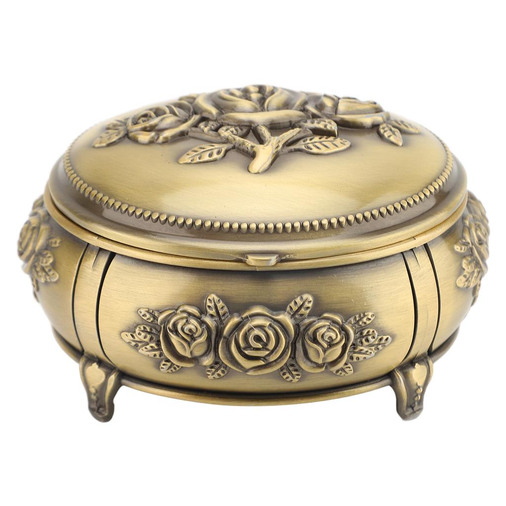Jewelry Box Retro Rose Metal Oval Shaped Jewelry Storage Box Organizer for Ring Necklace Earrings Bronze