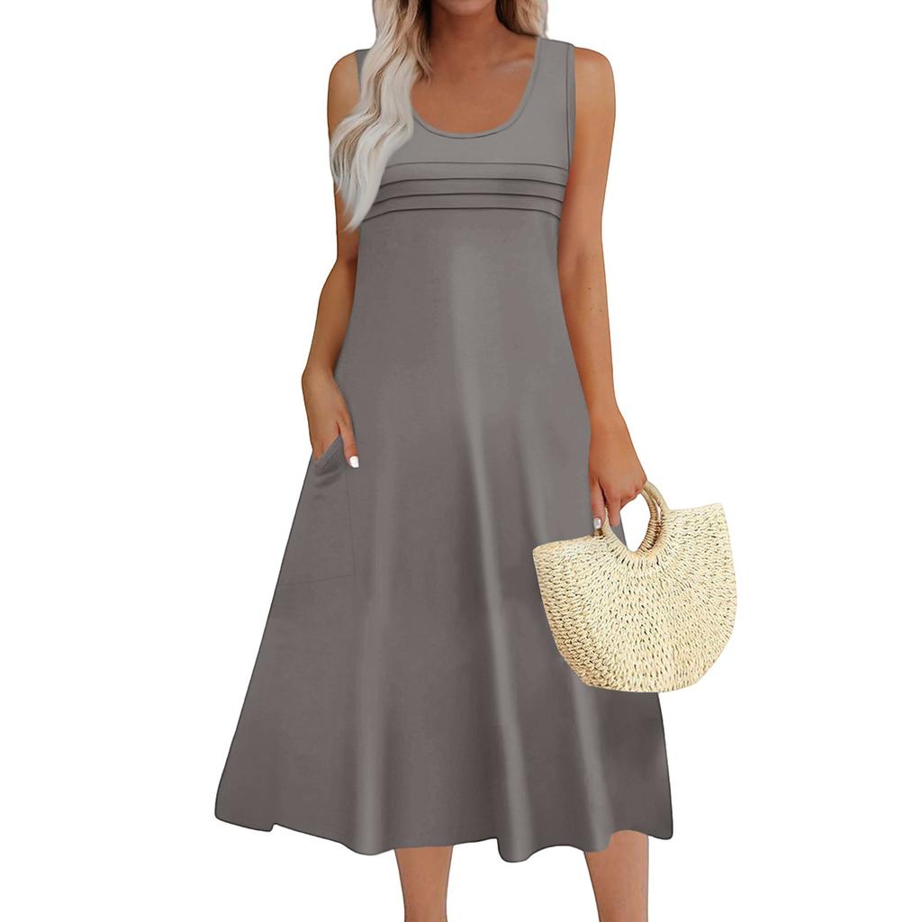Women's Fashion Round Neck Sleeveless Pleated Beach Dress With Pockets Long Solid Color Dresses