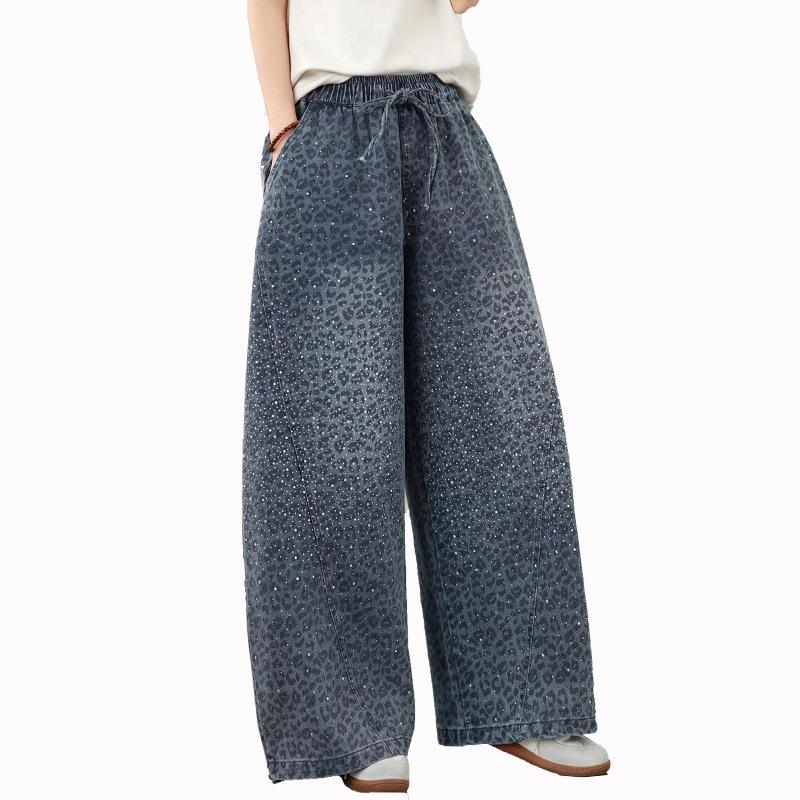 Leopard Print Rhinestone Plus Size Wide-Leg Denim Pants - Elastic, Loose, Slimming, Versatile Casual Wear