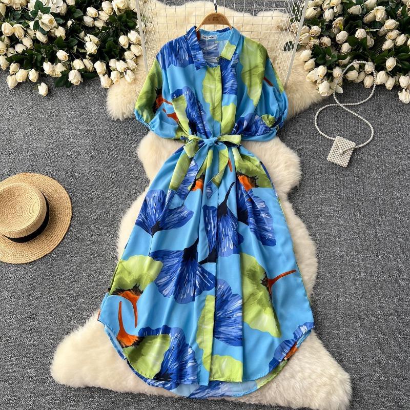 Summer Dress Retro Lantern-sleeved Women's Dress Single-breasted Cinched-waist Tie Printed Dress