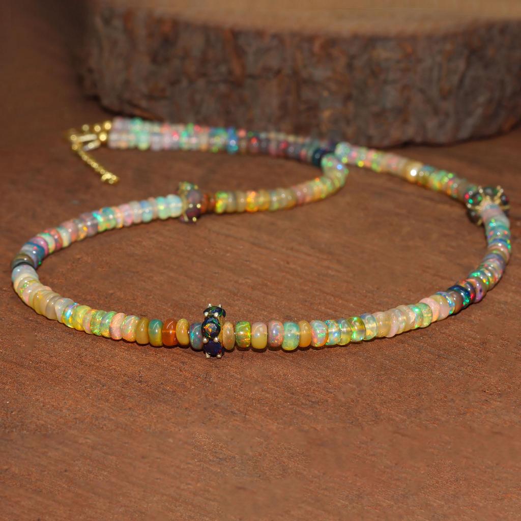 Genuine Black Opal Gemstone Beaded Necklace, Multifire Opal Shaded Beads Necklace, October Birthstone, Minimalist Necklace, Gift for Her