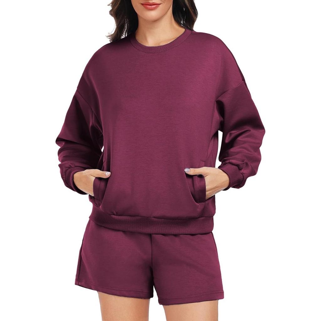 Women's Loose Tracksuit Long Sleeve Sweatshirt Elastic Waist Shorts Casual Loungewear Set
