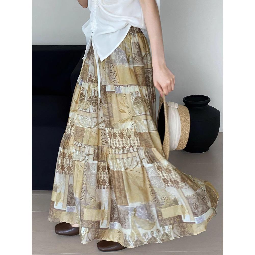 Dimanaf 2025 Summer Women Linen New Skirts Flower Vintage Elastic Pleated Elegant Skirts High Waist