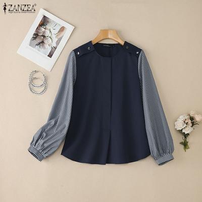 Women Casual Round Neck Stripe Splice Long Sleeve Blouse