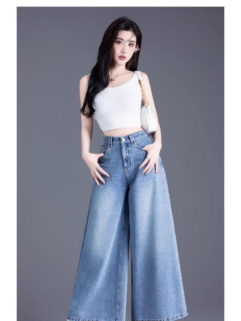 Women's Light Wash Wide-Leg Denim Pants - Spring/Summer 2026, Nine-Tenths Length, Loose Fit