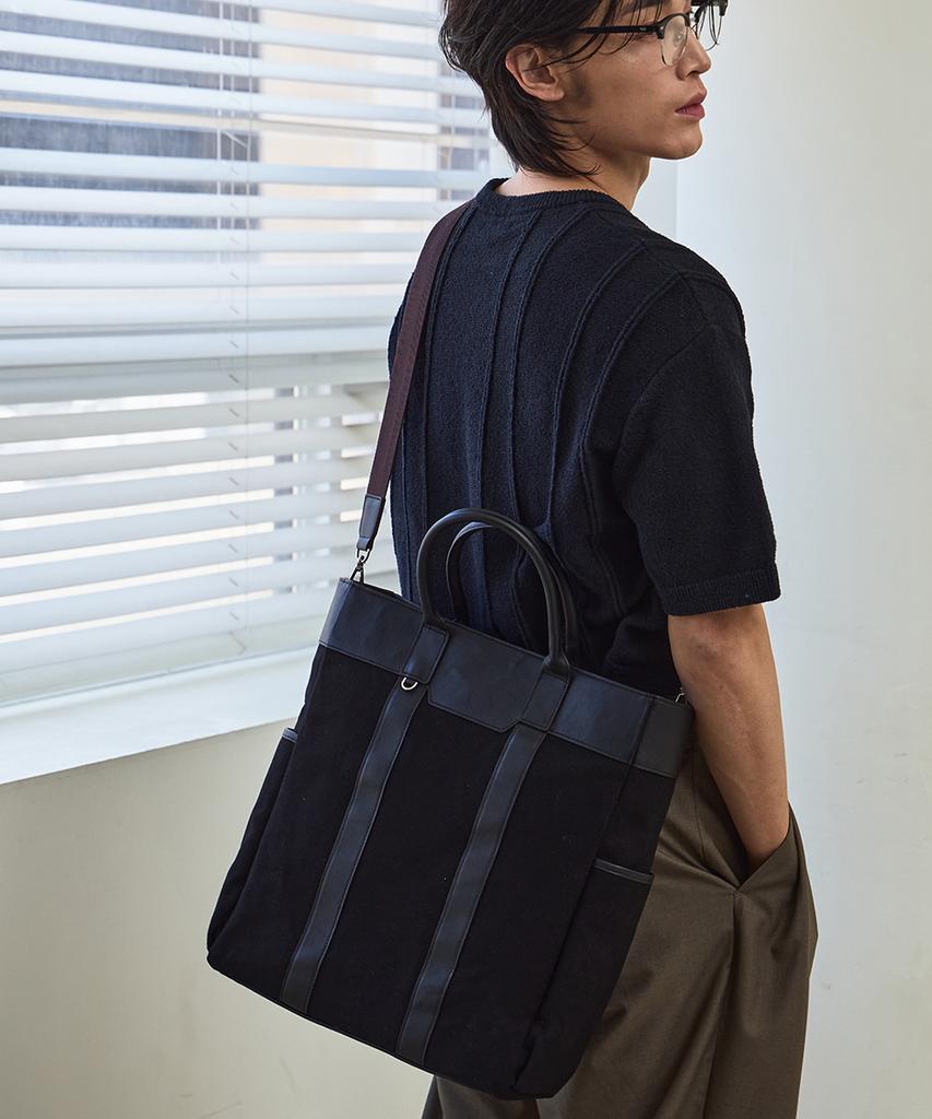Matt Double Pocket Canvas Leather Tote Bag Black