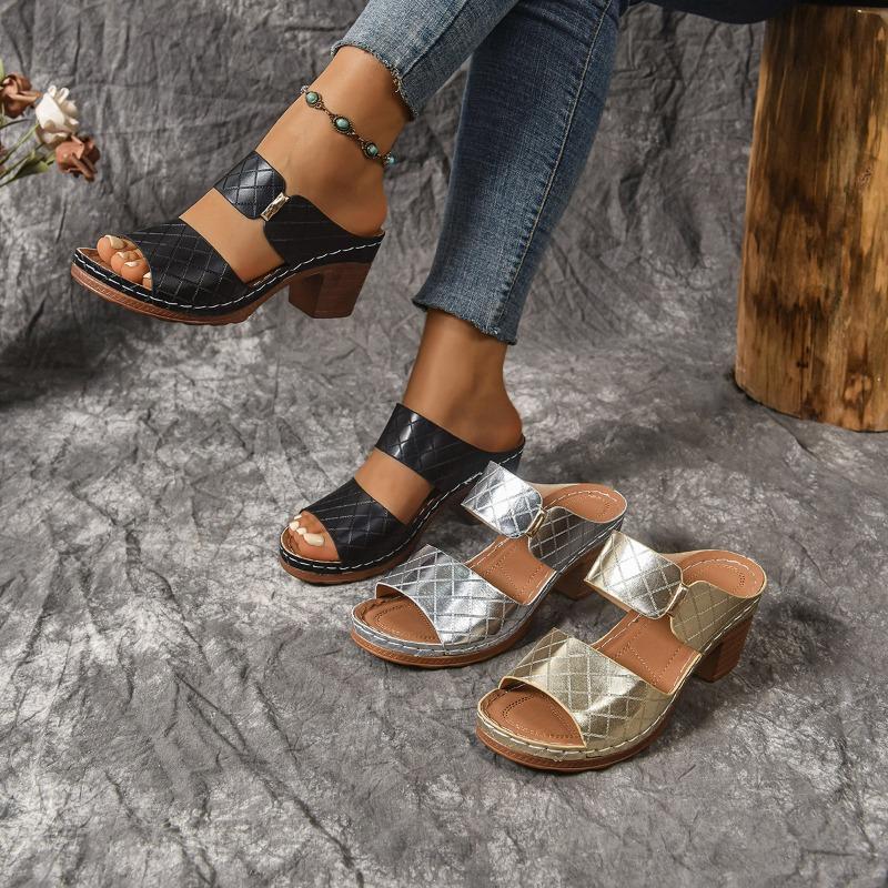 European and American Large Size High Heel Slippers Women's Thick Heel Pattern Sandals