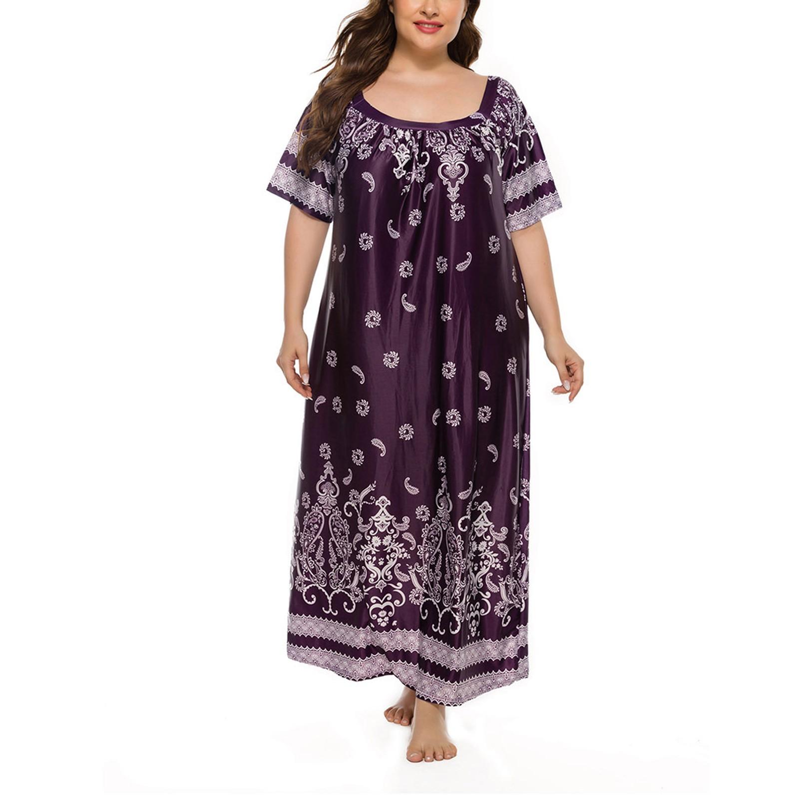 

Women s Large Round Neck Short Sleeve Dress Home Furnishing Retro Ethnic Long Dress L фиолетовый