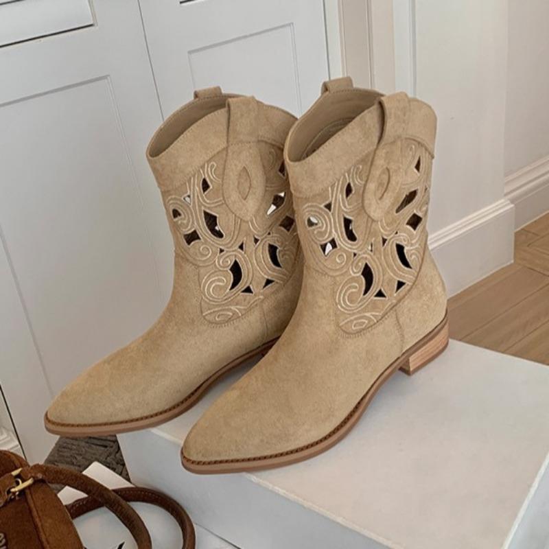 

Осень и зима новая острая носочная часть полая вышивка короткая труба толстый каблук ковбойские сапоги женские 40
