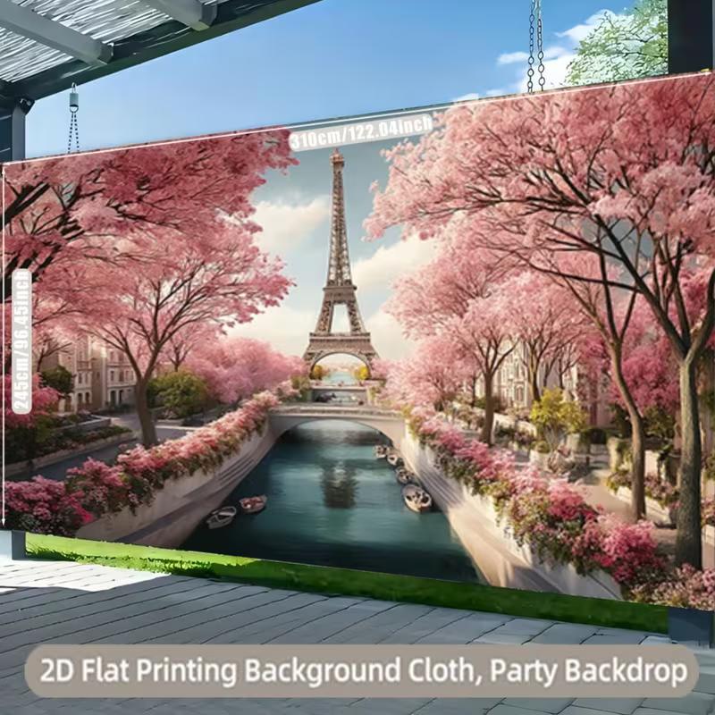 2D Paris Eiffel Tower Backdrop, Pink Cherry Blossom & Seine River Background for Wedding Photoshoot