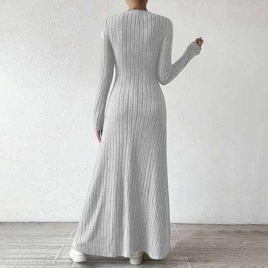 Vestido de Suéter Feminino de Outono Manga Longa Decote V Tricô Canelado Vestido Maxi