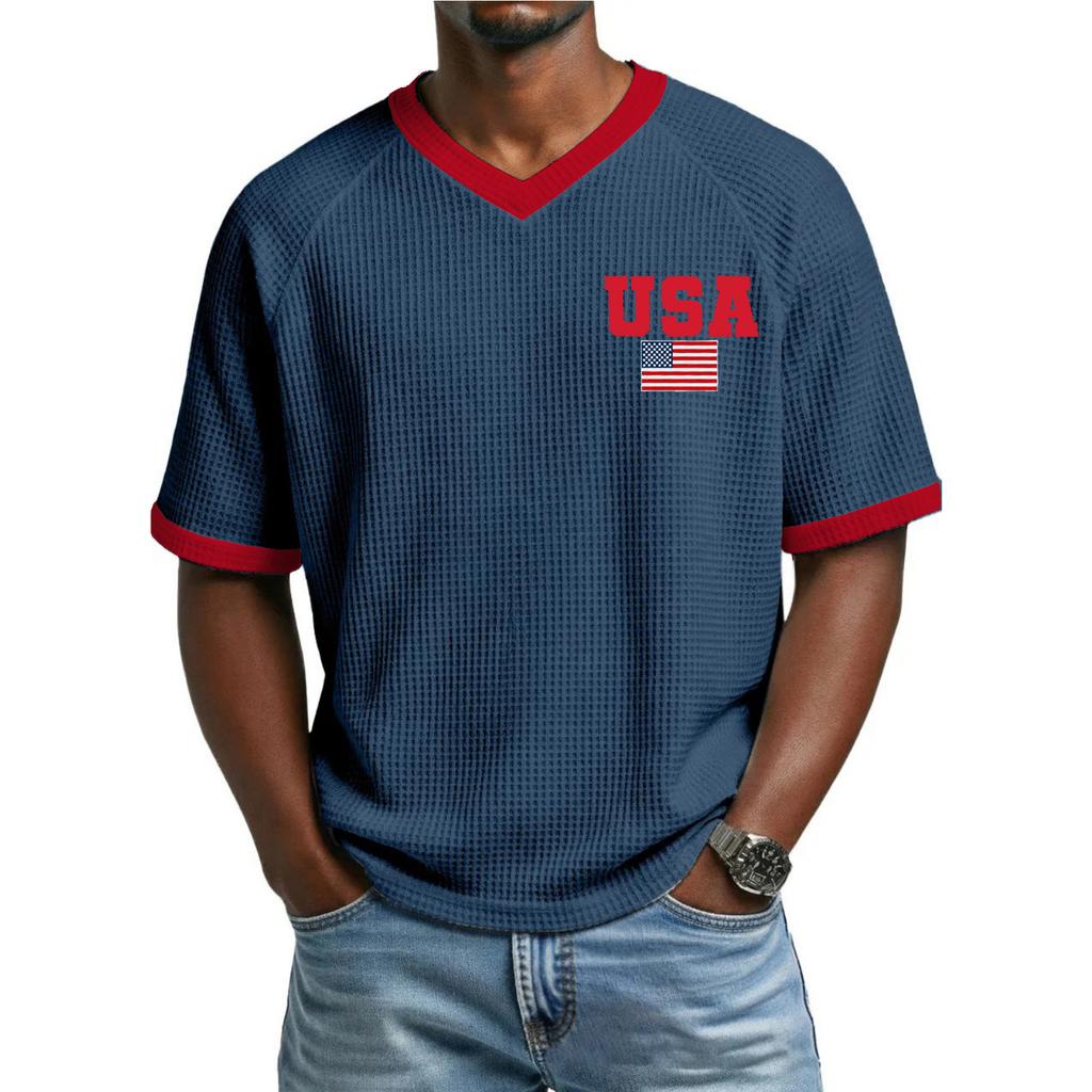 Men's Casual Fashionable Letter- Colorful Print Short-sleeved Shirt - Men's Breathable V-neck Short-sleeved Top