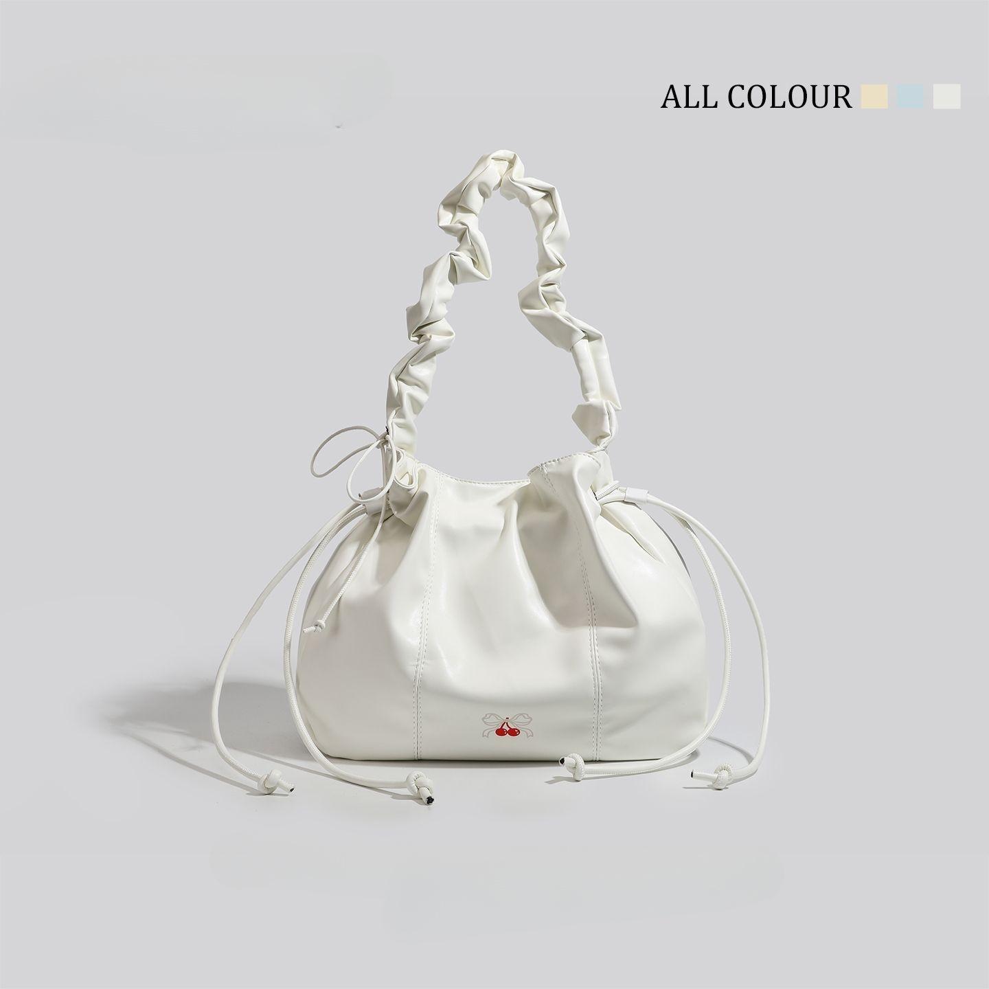 

Sweet Cute Bow Shoulder Bag Women Drawstring Pleated Large Capacity Crossbody Bag Ladies Solid Color Casual Fashion Underarm Bag 38x26x12cm білий