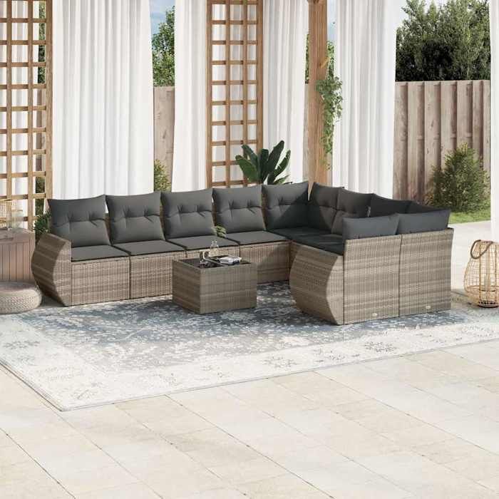 VidaXL Salon de Jardin avec Coussins 10 pcs, Canapés avec Dossier, Ensemble de Meubles, Mobilier de Terrasse Patio, Gris 3221851