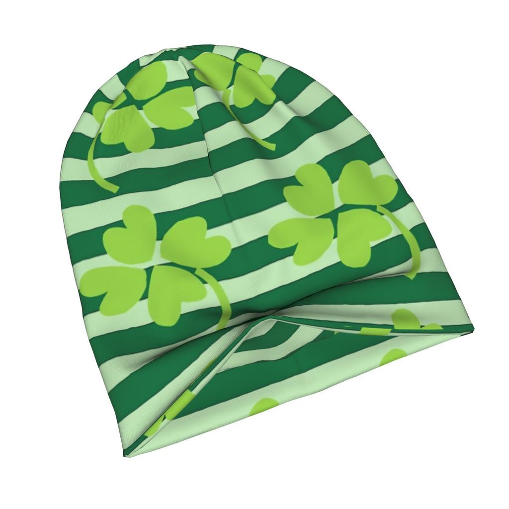ZLIENSZUS Adult Four Leaf Clover Beanie Hat - St Day Themed Striped with Clover, Warm Winter Hat Suitable for Layering, Streetwear & Irish Fashion for