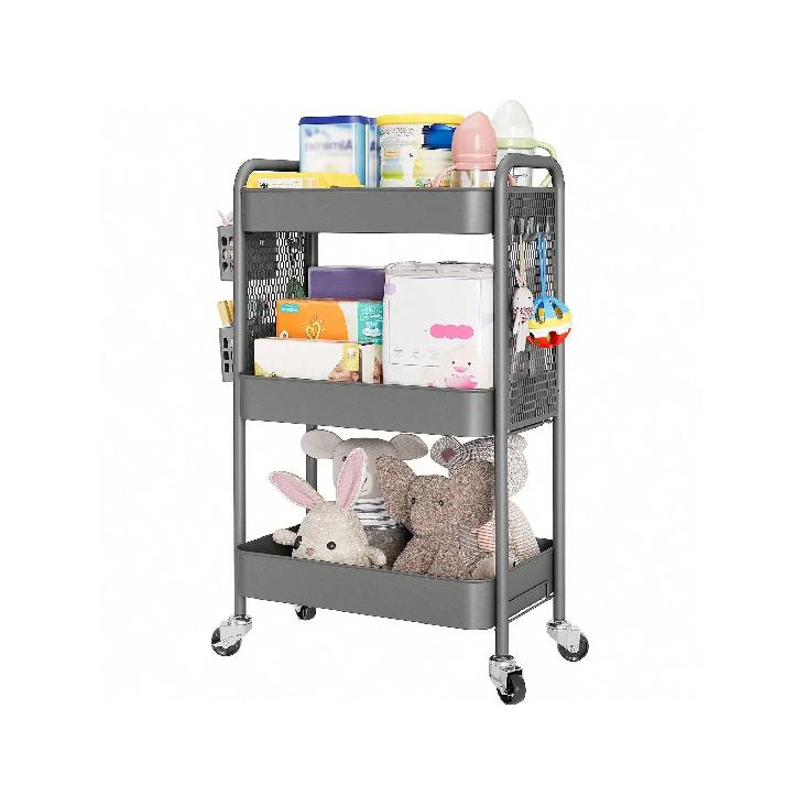Rolling Carts With Wheels, 3 Tier Rolling Utility Cart, Metal Storage Organizer With Pegboard Hooks Bins For Bathroom Kitc