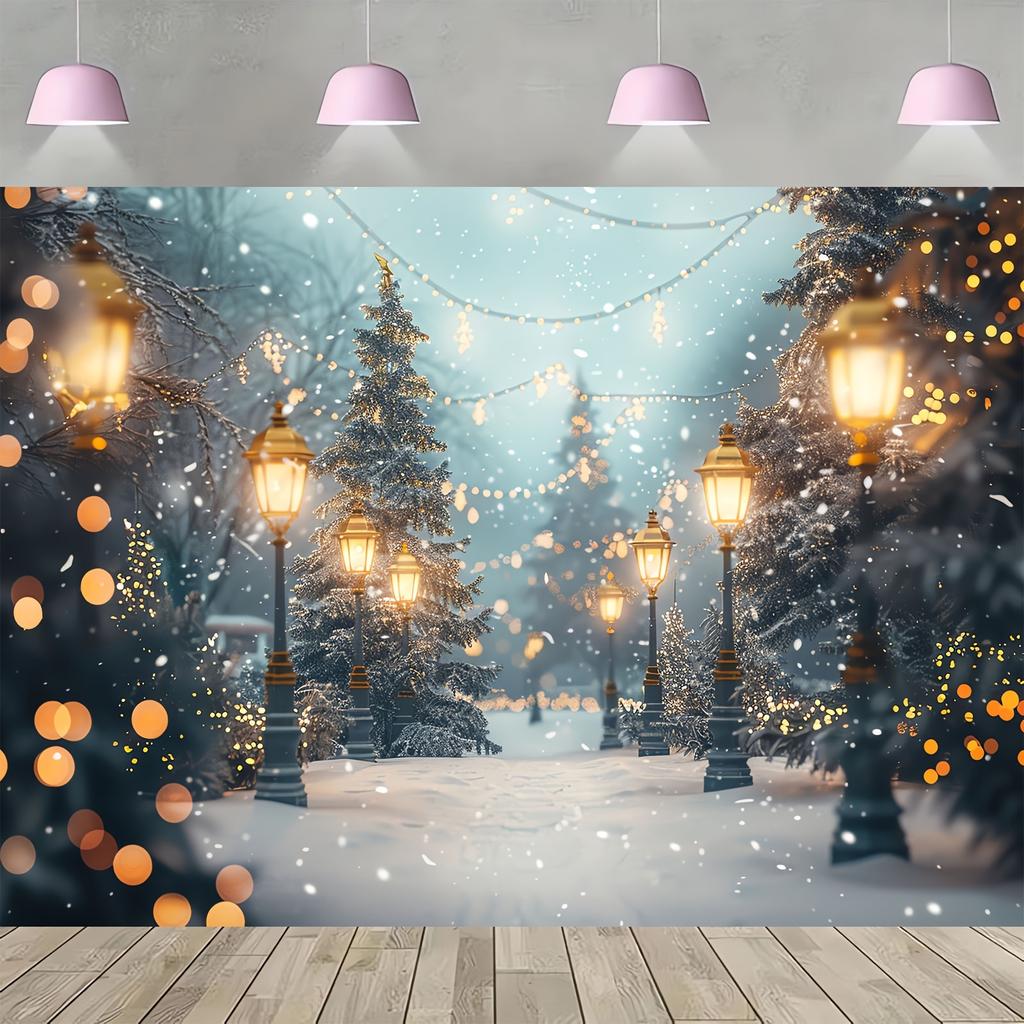 1 Piece of Winter Wonderland Forest Background Cloth - Snow Christmas Pine Tree and Halo Scene