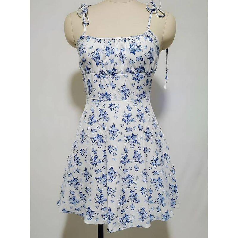 Sweet Small Summer New Arrival Fashion Gentle Floral Print off-Neck Slim Fit Backless Sling Dress Skirt