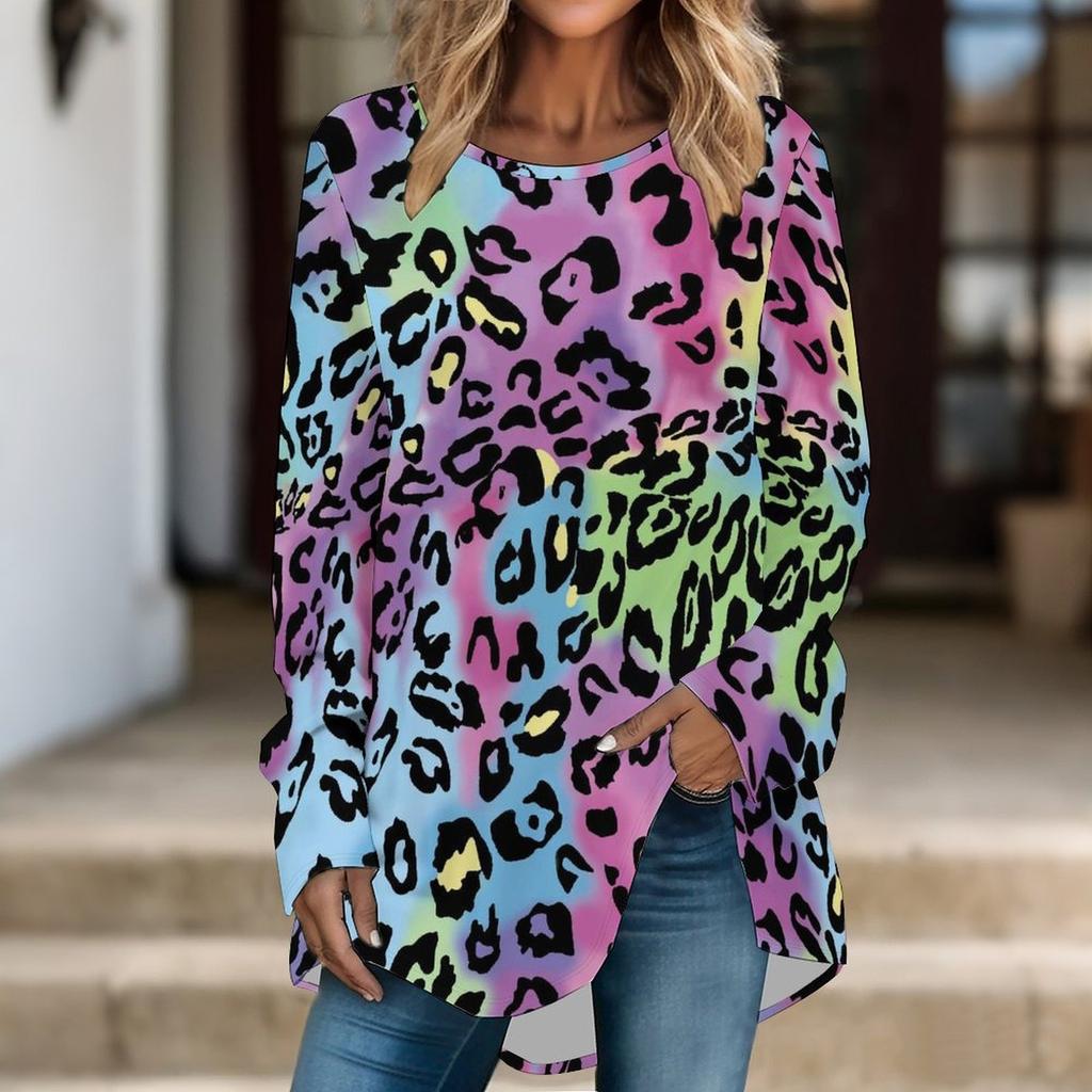 Women Long Sleeve Tunic Top Print Crew Neck Loose Fit Blouse With Pockets Casual Daily Wear Ladies Tops