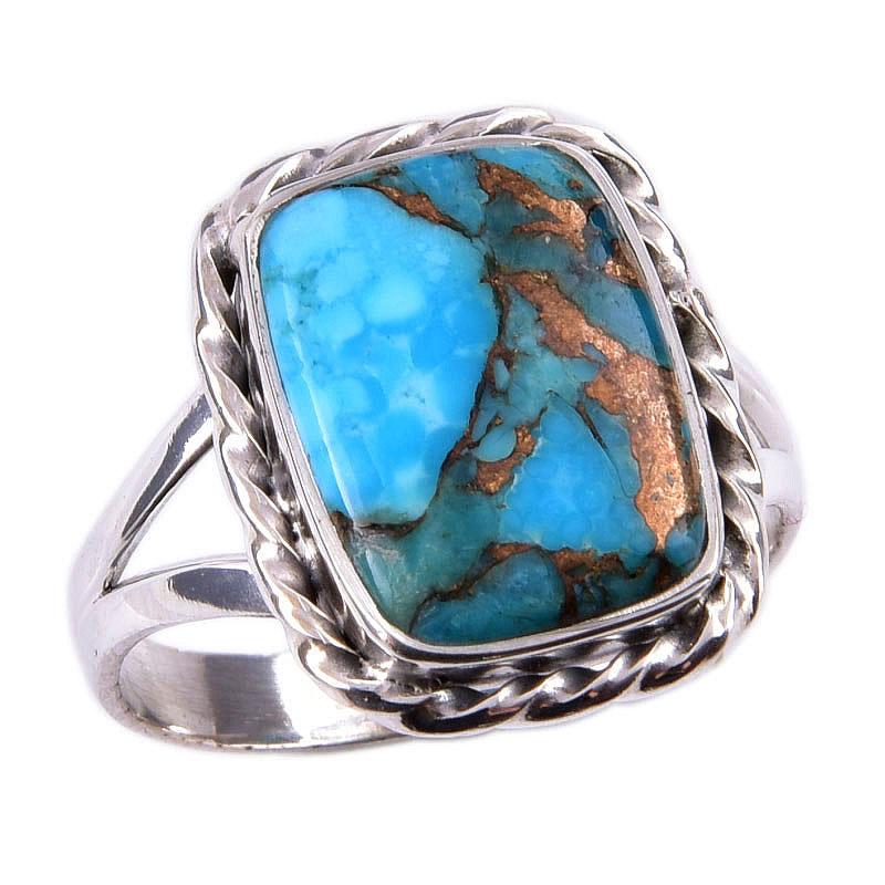 Natürlicher Blauer Türkis Edelstein 925 Massiv Sterlingsilber Ring S.9 G1g06