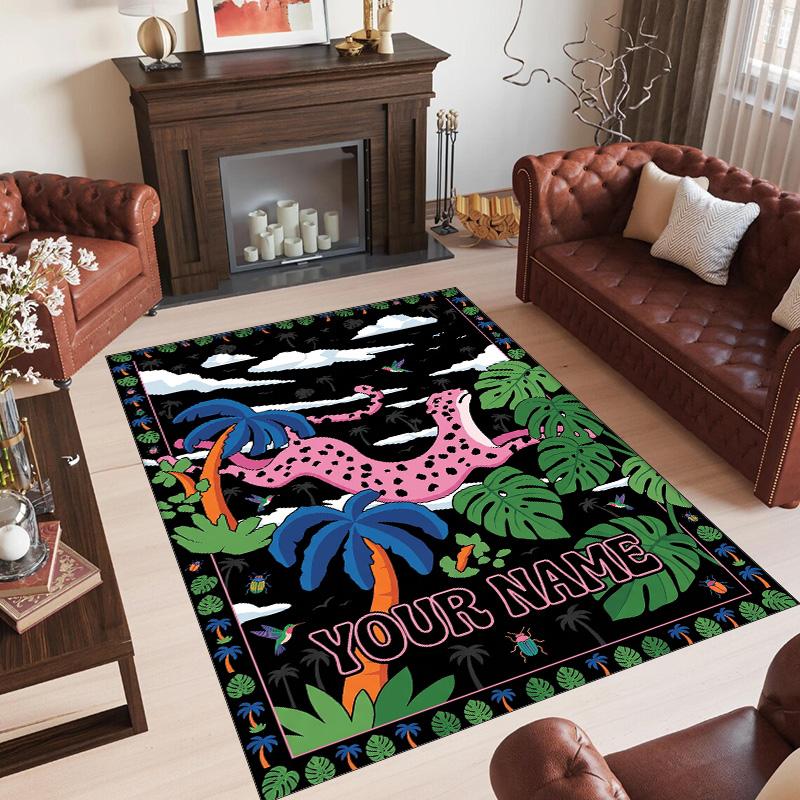 Leopard Theme Crystal Velvet Floor Rug Personalized Custom Name Text Warm Carpet Home Decoration