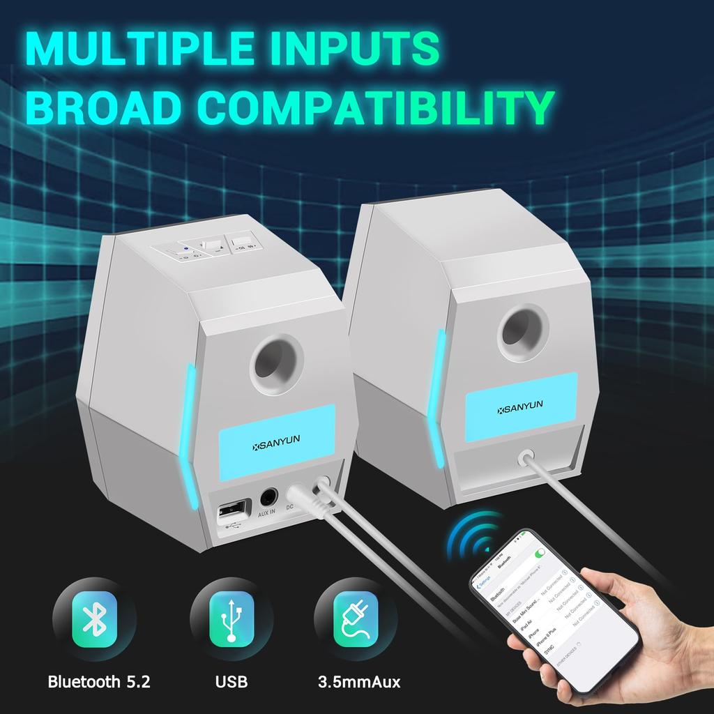 Sanyun SW209 36W Computer Gaming Speakers with 3 EQ Modes Dynamic 3D Surround RGB Compatible with White (Game/Movie/Music), Sound, 24-bit DAC,