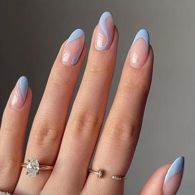 24 Pcs Cute Almond Shape Press On Nails, Short Length with Blue Swirl French Designs Fake False Nails with Glue, Nail Art for Women