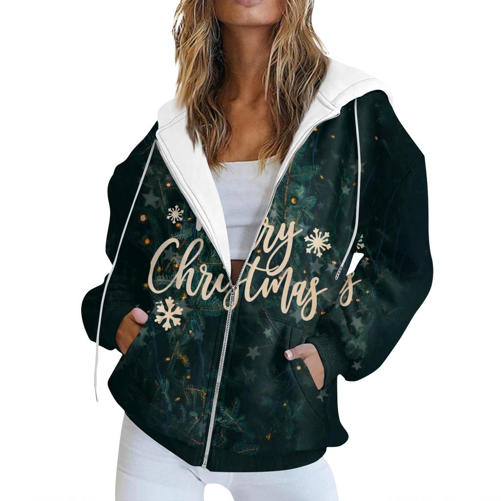 Women's Fashion Casual Christmas Print Long Sleeve Sweatshirt Pocket Jacket Zipper Hoodie Coat