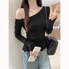 Sweet and Spicy Slanted Shoulder Sexy Long-sleeved T-shirt for Women In Early Autumn New Tight Waisted One-line Collar Personalized Top